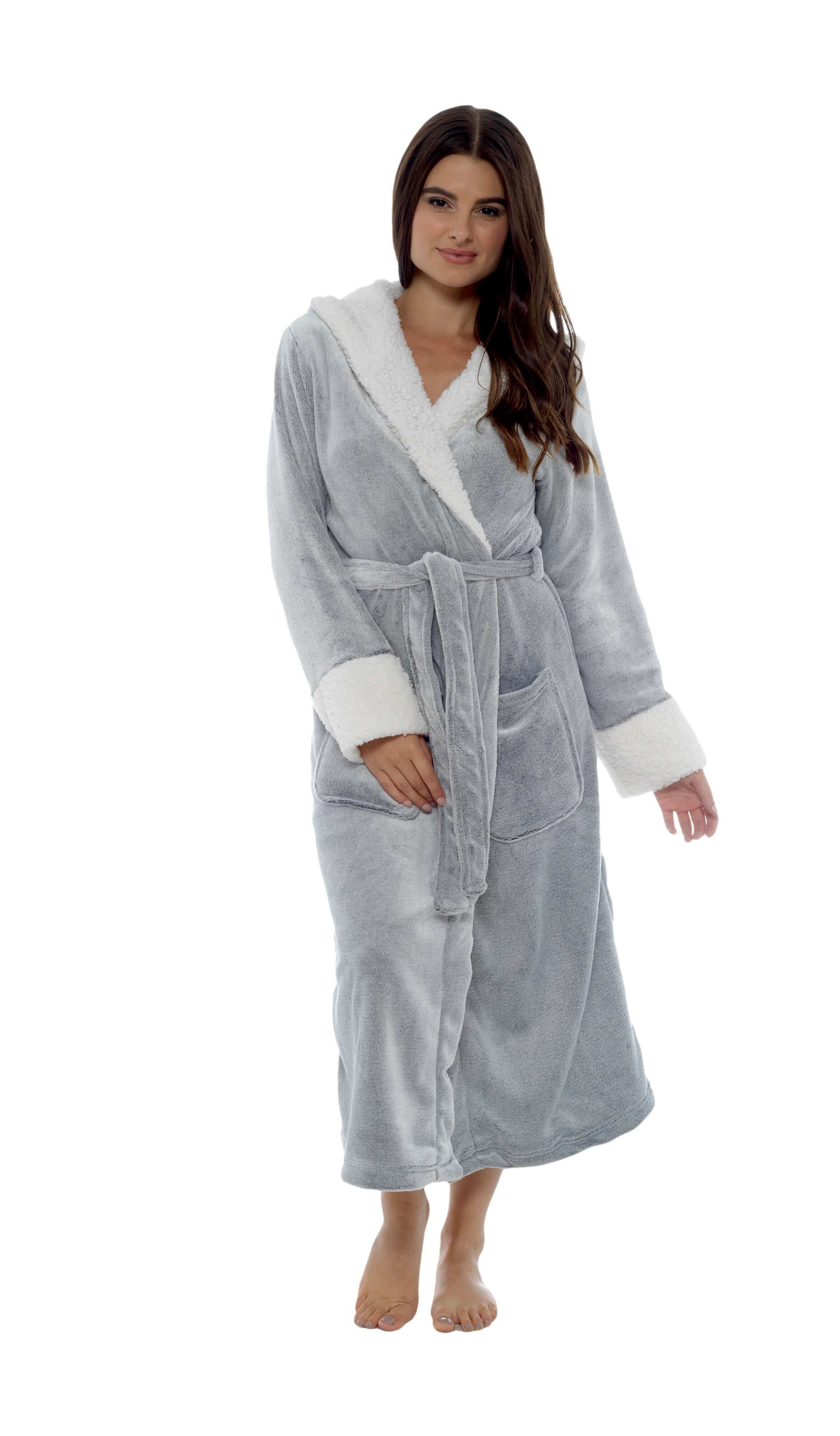 Daisy Dreamer Womens Shimmer Grey Fleece Dressing Gown With Sherpa Fur Hood Plush Flannel