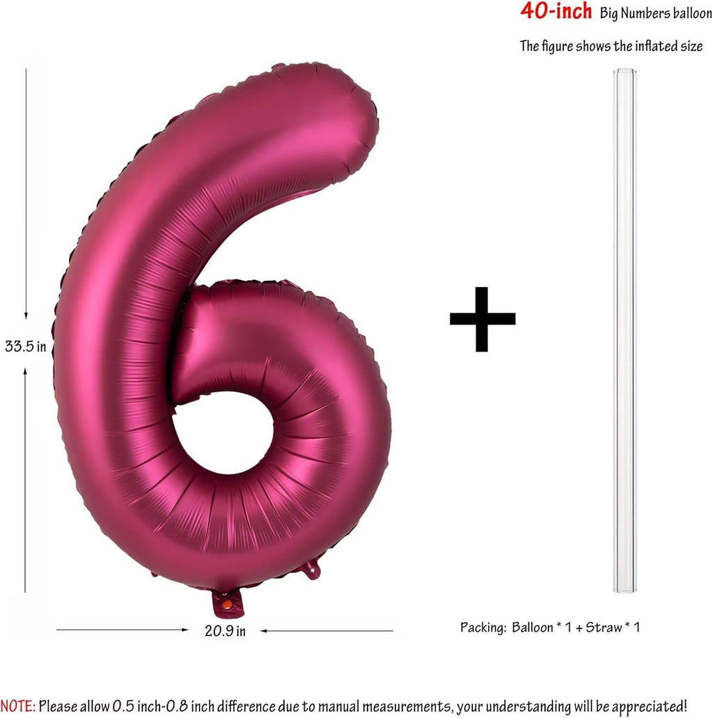 LVMOQIQIU 40-inch Burgundy 6 Balloon - Wine Red Foil Number 6 Balloons for Parties