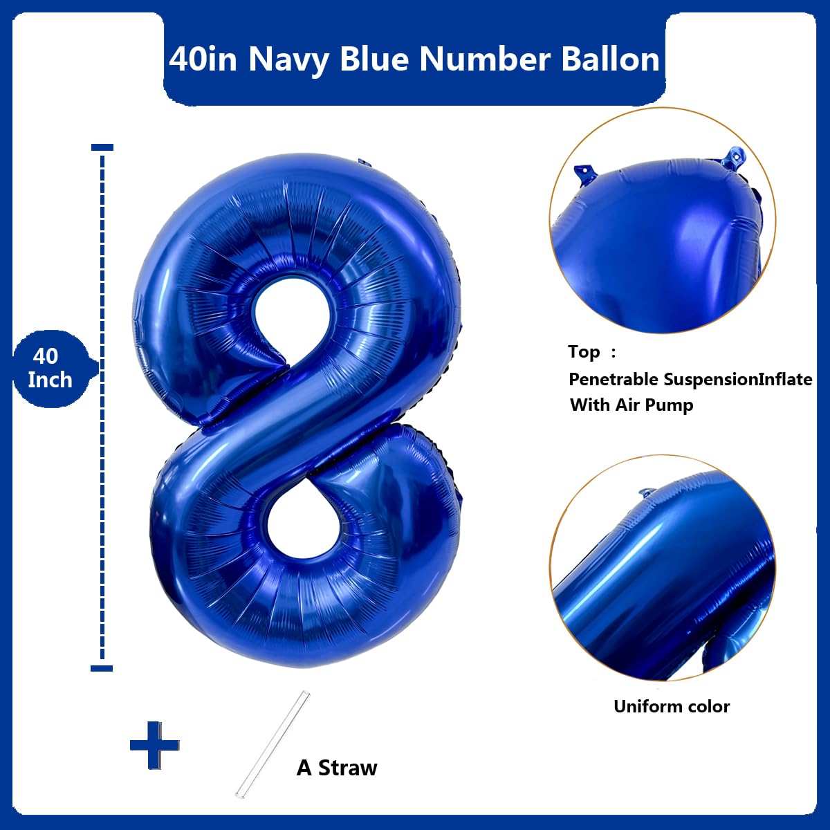 LVMOQIQIU 40-Inch Navy Blue 8 Balloons – Large Foil Number Balloons for Parties