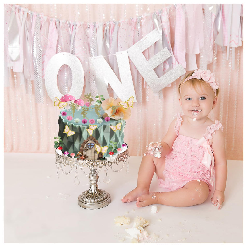LXASIY 39PCS Fairy Cake Toppers – Pink Mushroom, Flowers & Butterflies for Fairy Party & Baby Shower