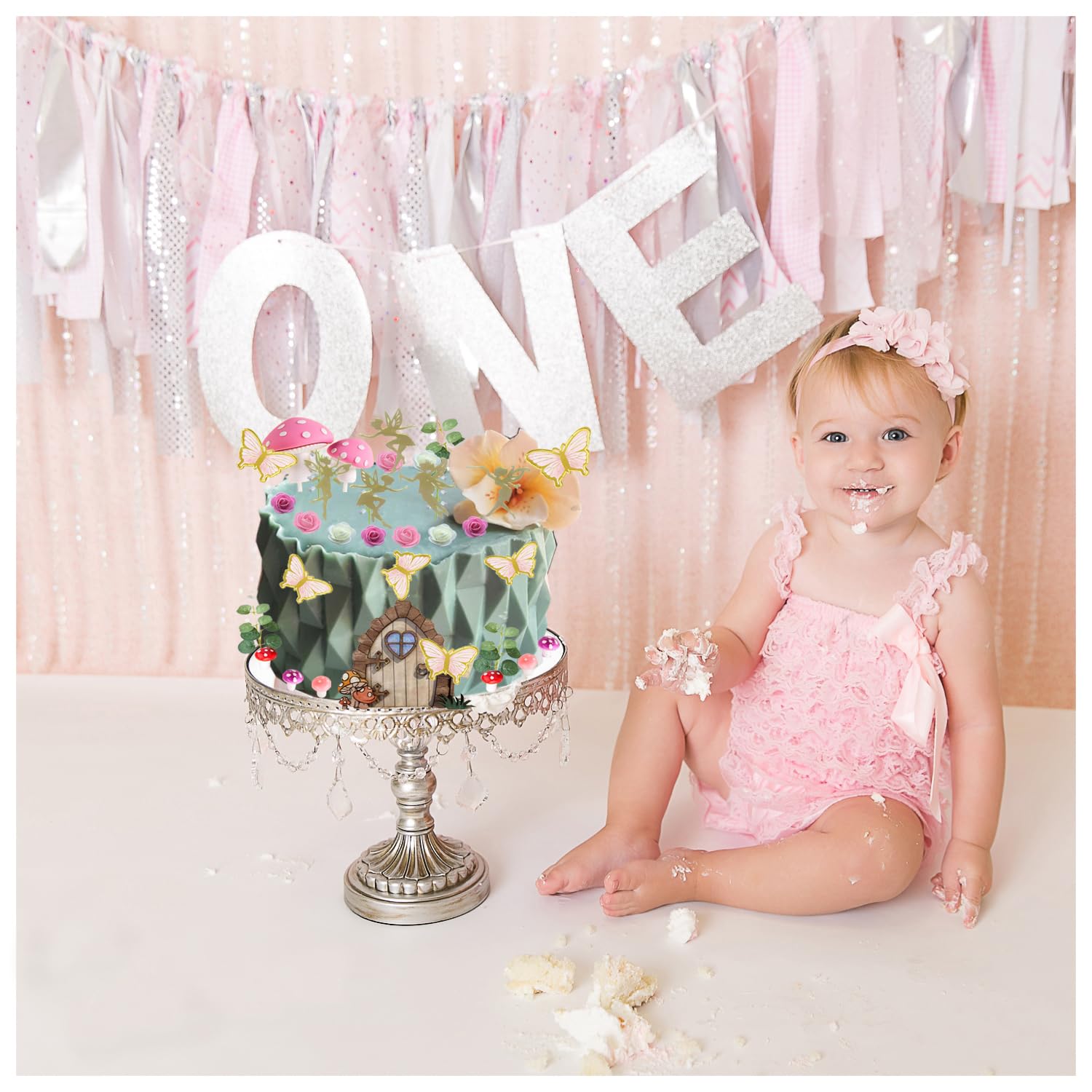 LXASIY 39PCS Fairy Cake Toppers – Pink Mushroom, Flowers & Butterflies for Fairy Party & Baby Shower