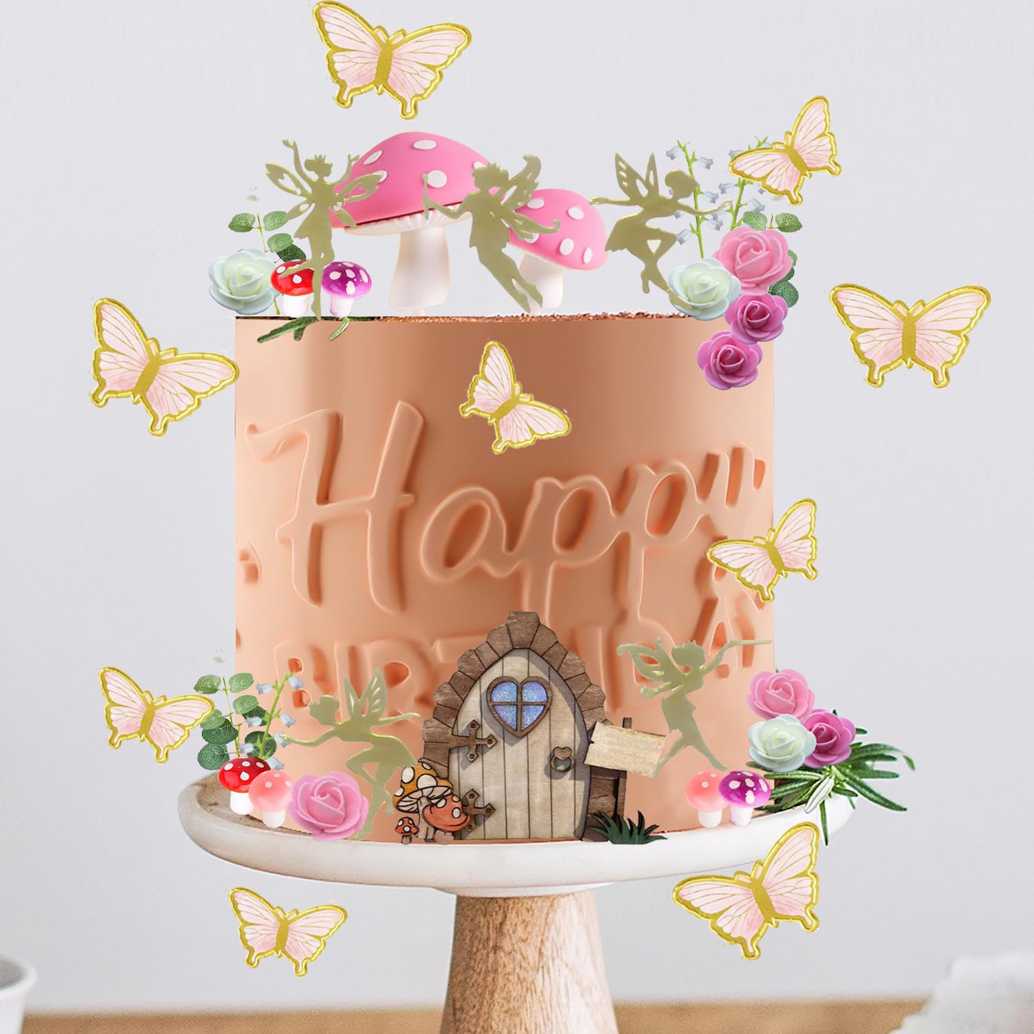 LXASIY 39PCS Fairy Cake Toppers – Pink Mushroom, Flowers & Butterflies for Fairy Party & Baby Shower