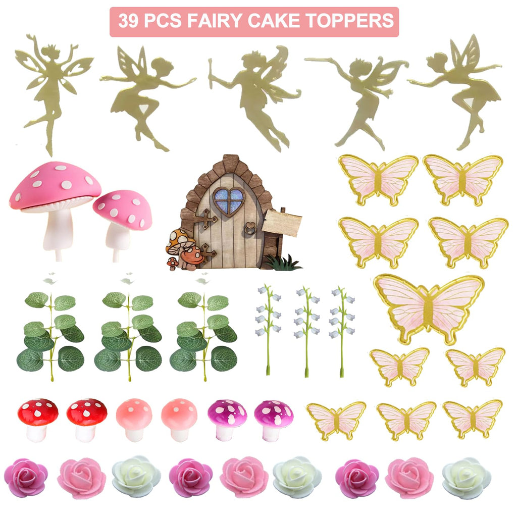 LXASIY 39PCS Fairy Cake Toppers – Pink Mushroom, Flowers & Butterflies for Fairy Party & Baby Shower