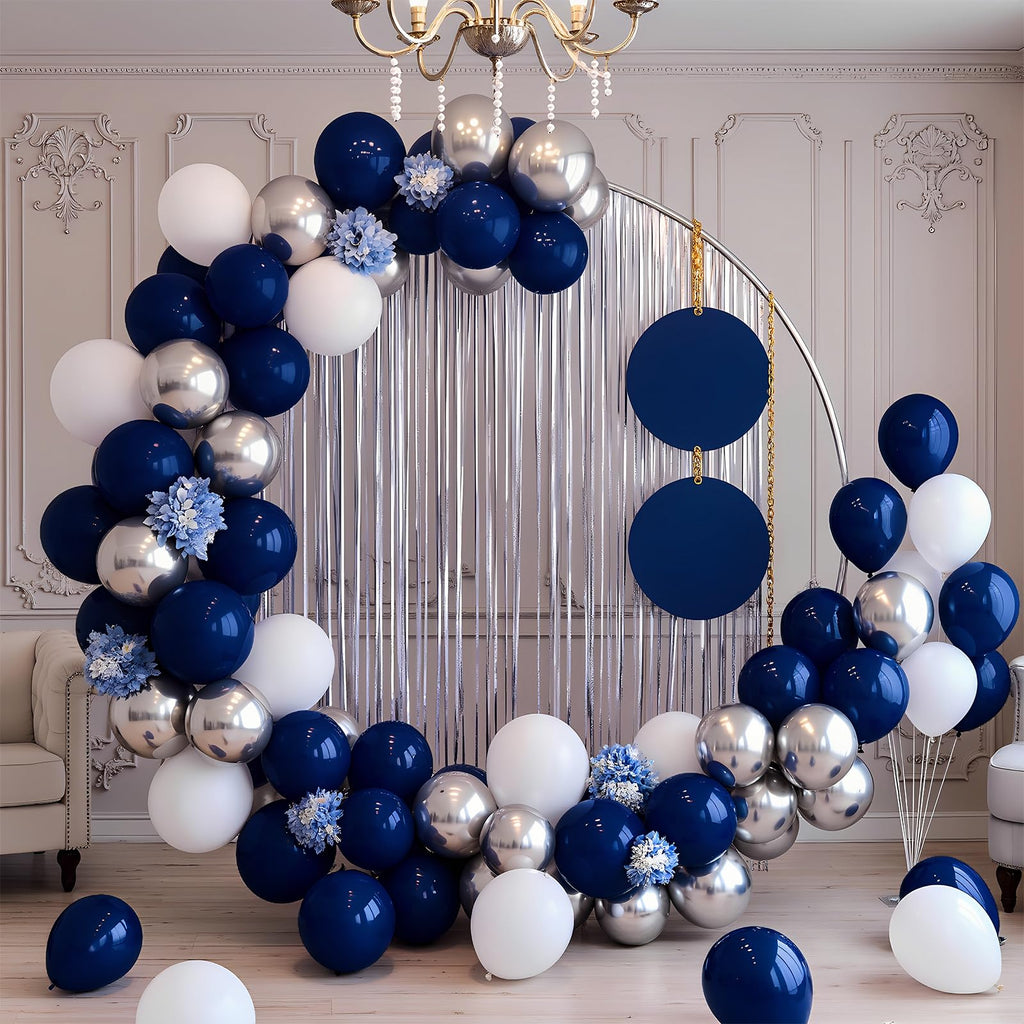 LYNSP Navy Blue White & Silver Balloons 100 Pack – 12 Inch Latex Party Balloons for Graduation, Birthday, Wedding