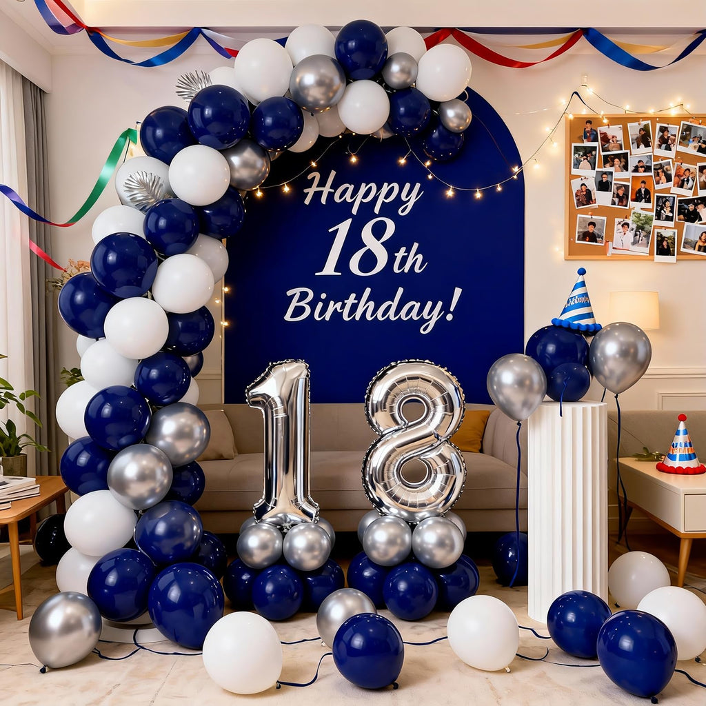LYNSP Navy Blue White & Silver Balloons 100 Pack – 12 Inch Latex Party Balloons for Graduation, Birthday, Wedding