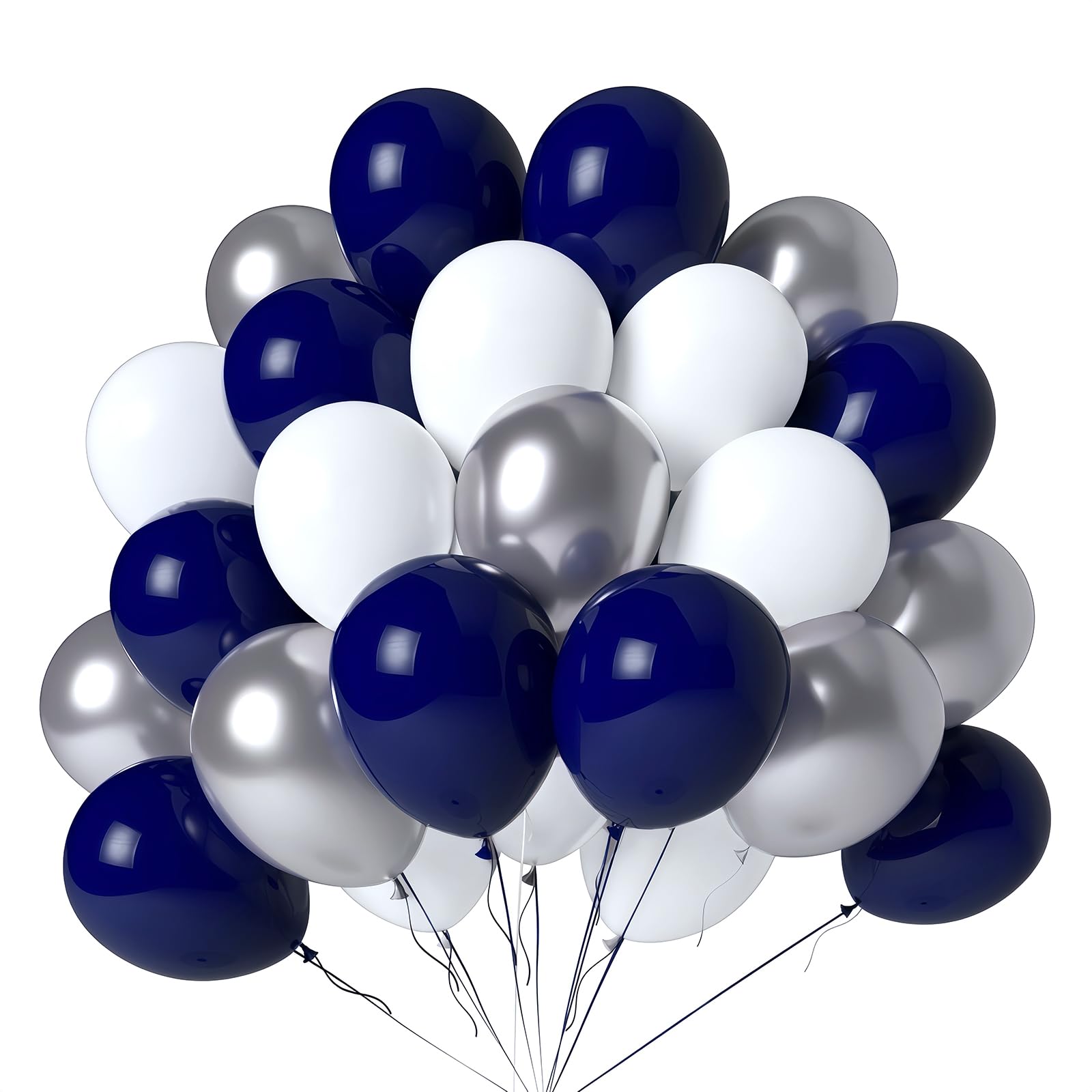LYNSP Navy Blue White & Silver Balloons 100 Pack – 12 Inch Latex Party Balloons for Graduation, Birthday, Wedding