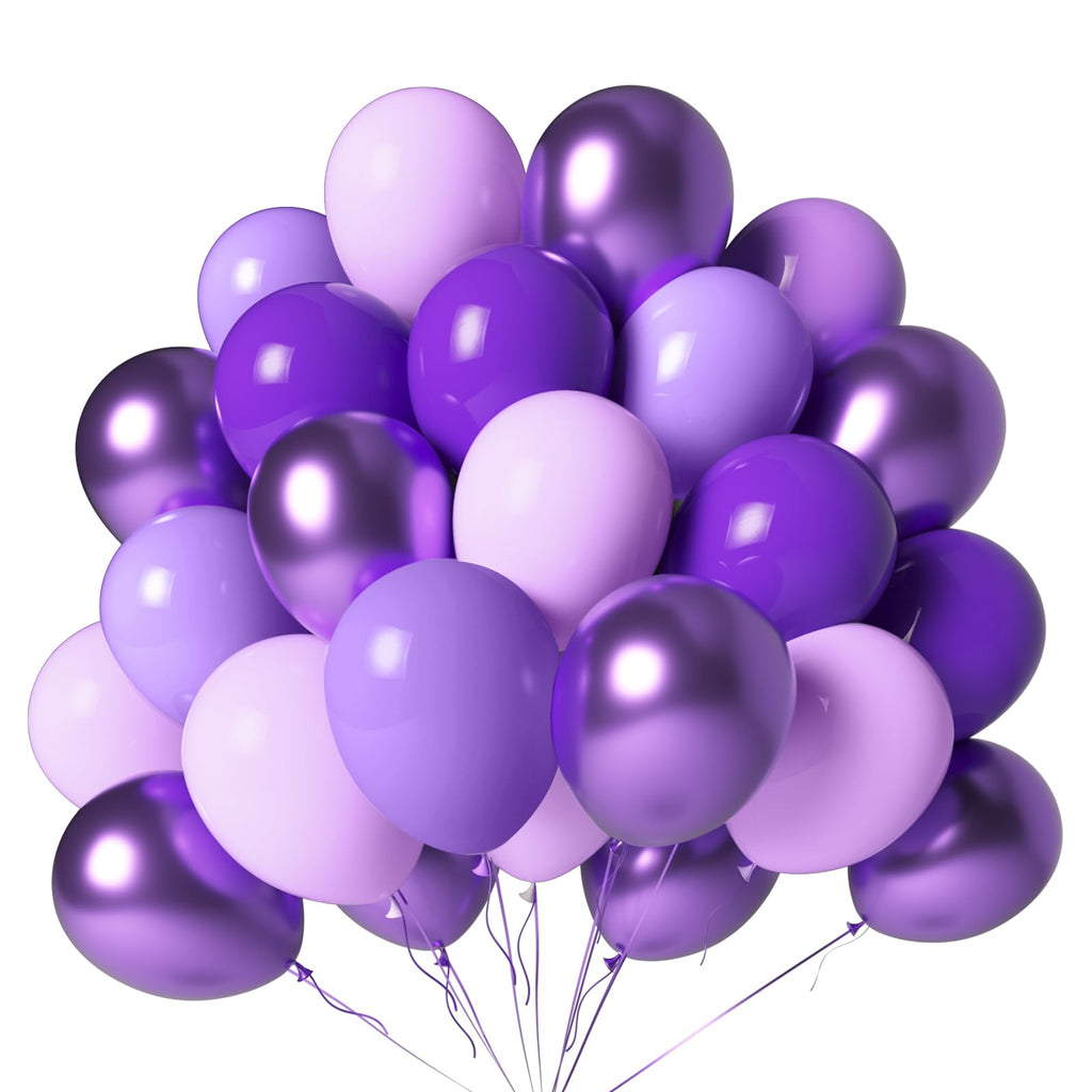 LYNSP Purple Balloons 100 Pack – 12in Lavender Lilac Metallic Chrome Party Decorations