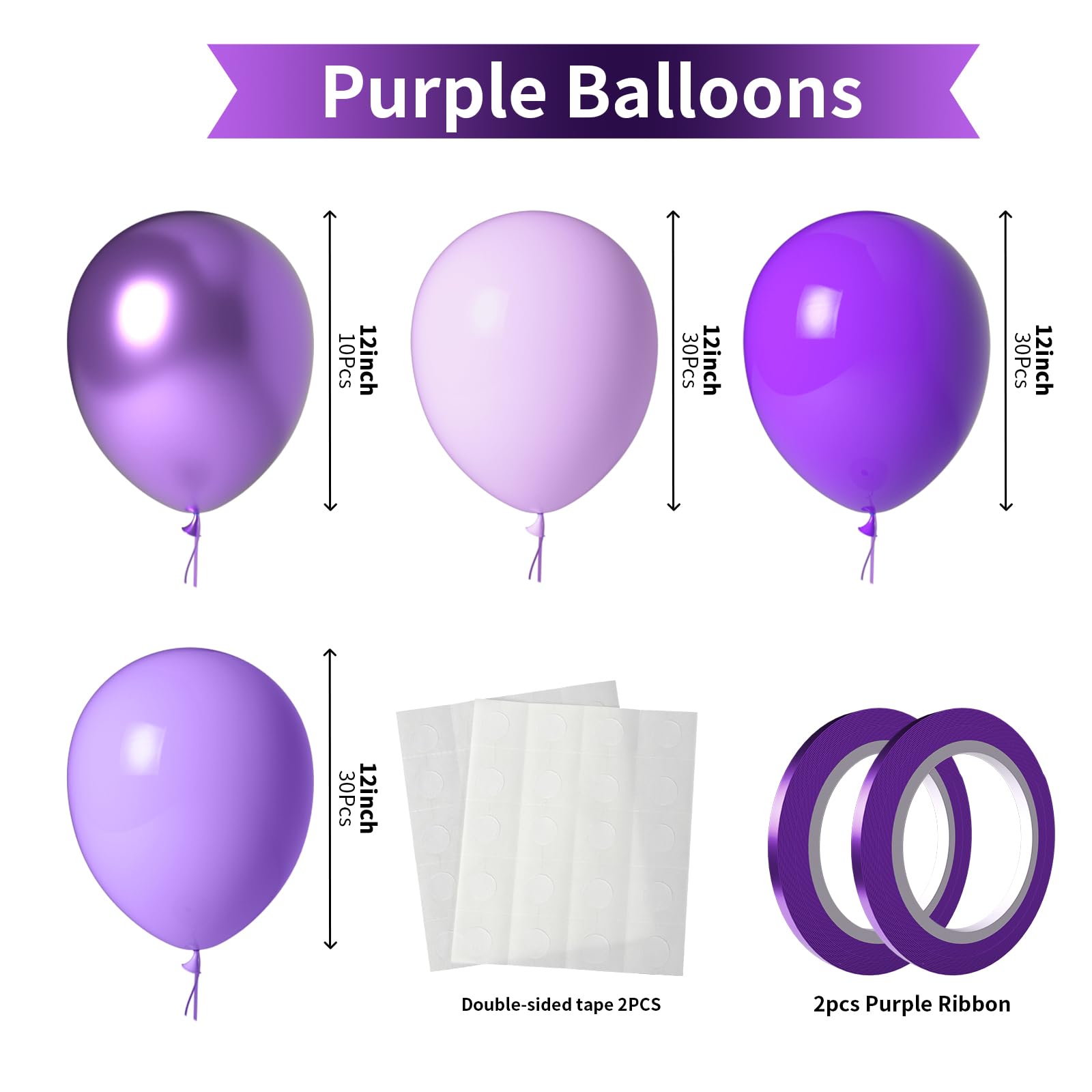 LYNSP Purple Balloons 100 Pack – 12in Lavender Lilac Metallic Chrome Party Decorations