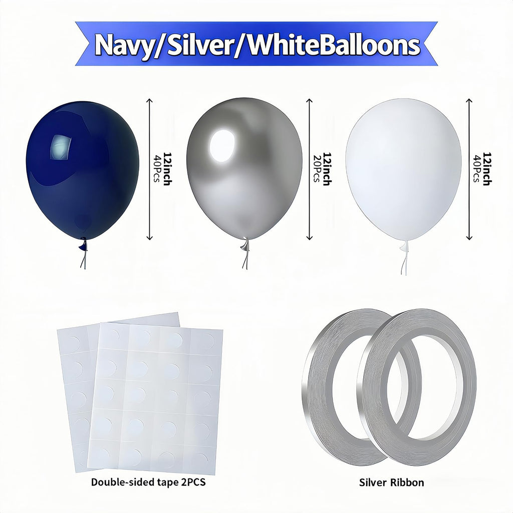 LYNSP Navy Blue White & Silver Balloons 100 Pack – 12 Inch Latex Party Balloons for Graduation, Birthday, Wedding