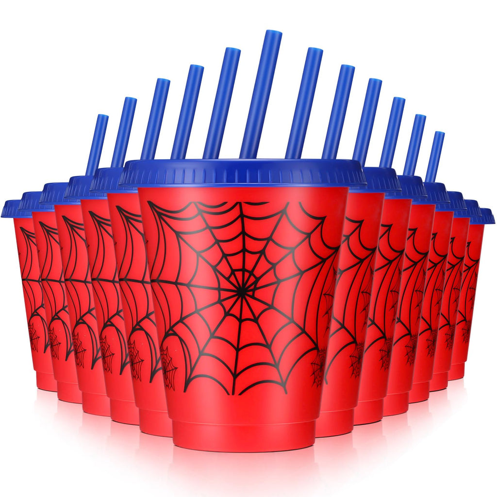 Lzuhoa 12 Pcs Spider Cups 16 oz with Lids & Straws – Birthday Party Favors