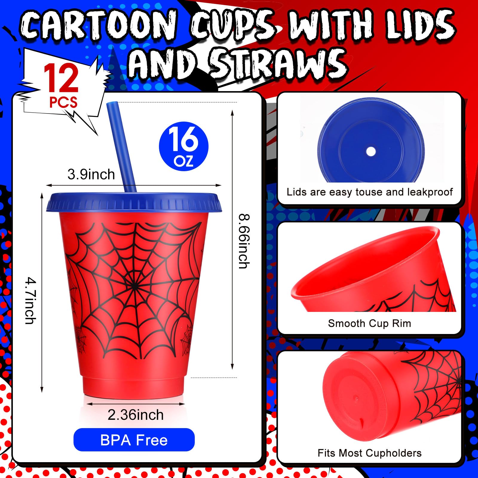 Lzuhoa 12 Pcs Spider Cups 16 oz with Lids & Straws – Birthday Party Favors