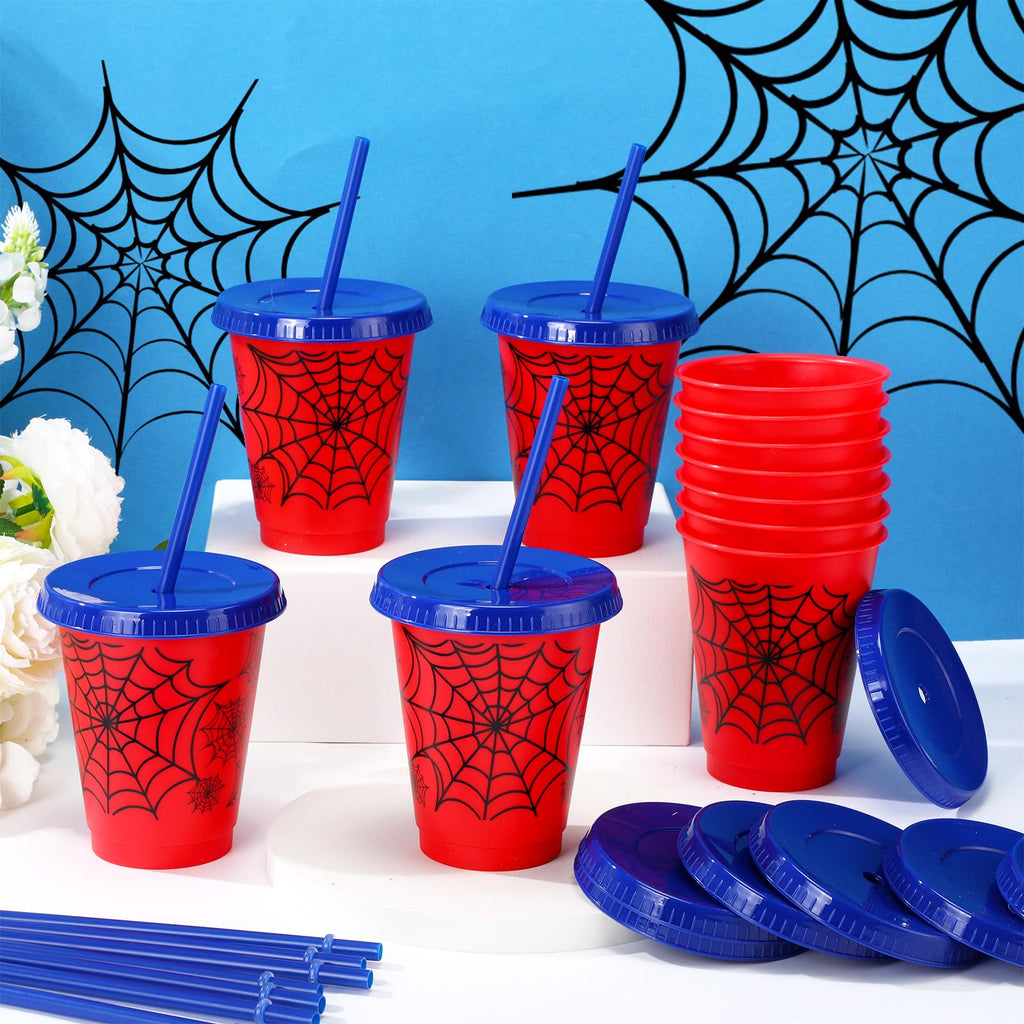 Lzuhoa 12 Pcs Spider Cups 16 oz with Lids & Straws – Birthday Party Favors