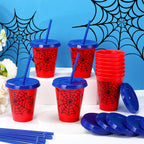 Lzuhoa 12 Pcs Spider Cups 16 oz with Lids & Straws – Birthday Party Favors