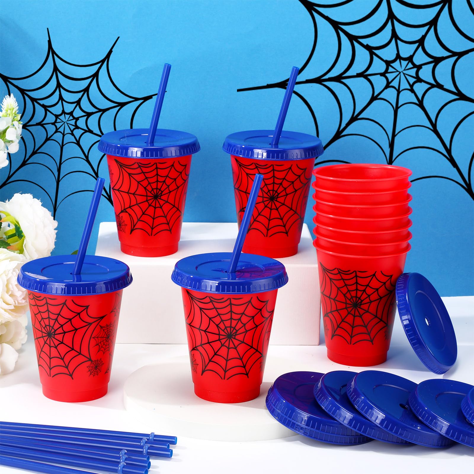 Lzuhoa 12 Pcs Spider Cups 16 oz with Lids & Straws – Birthday Party Favors