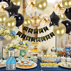 LZVPL Birthday Party Decorations Kit – Gold & Black Banner, Balloons & Crown