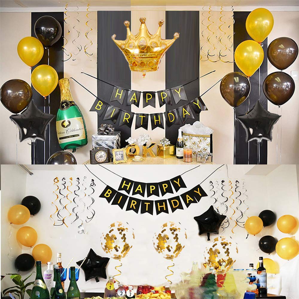 LZVPL Birthday Party Decorations Kit – Gold & Black Banner, Balloons & Crown