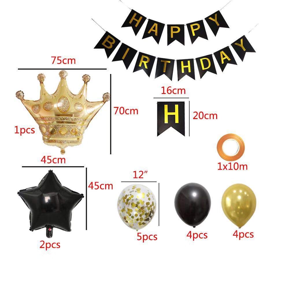 LZVPL Birthday Party Decorations Kit – Gold & Black Banner, Balloons & Crown