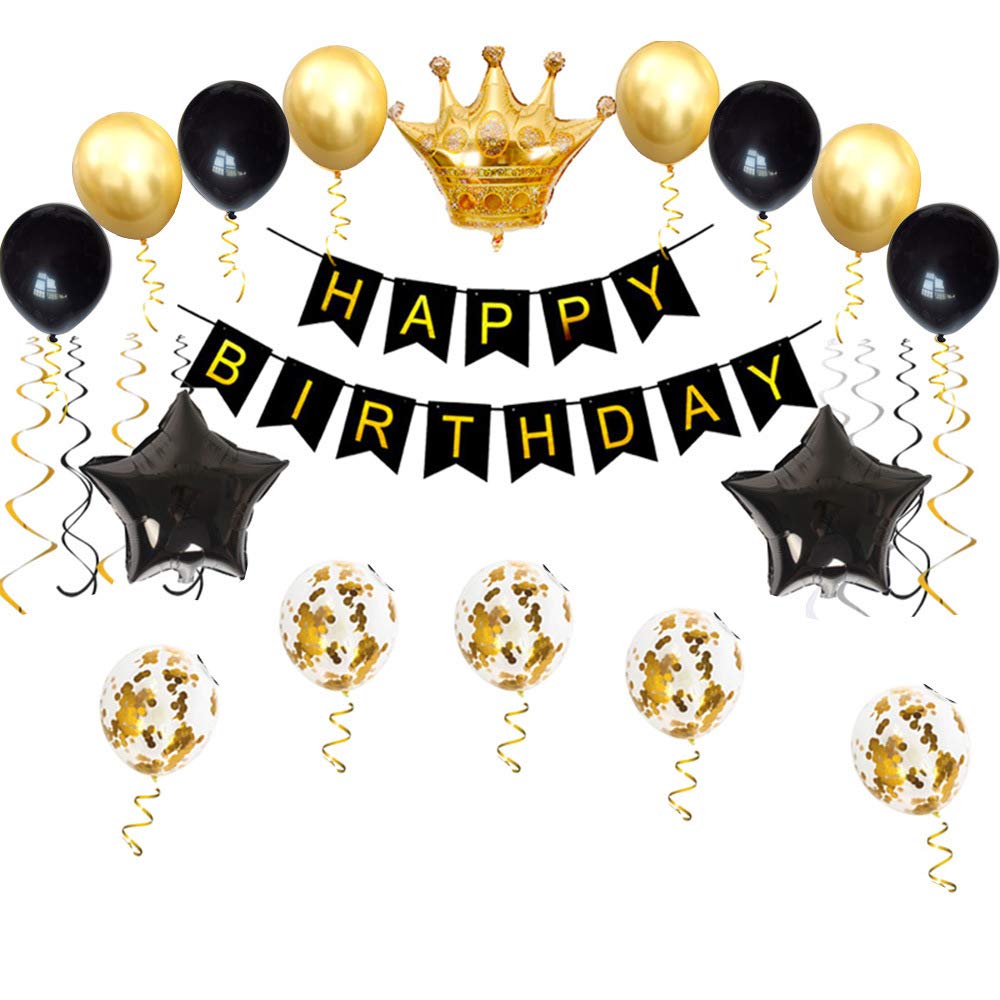 LZVPL Birthday Party Decorations Kit – Gold & Black Banner, Balloons & Crown