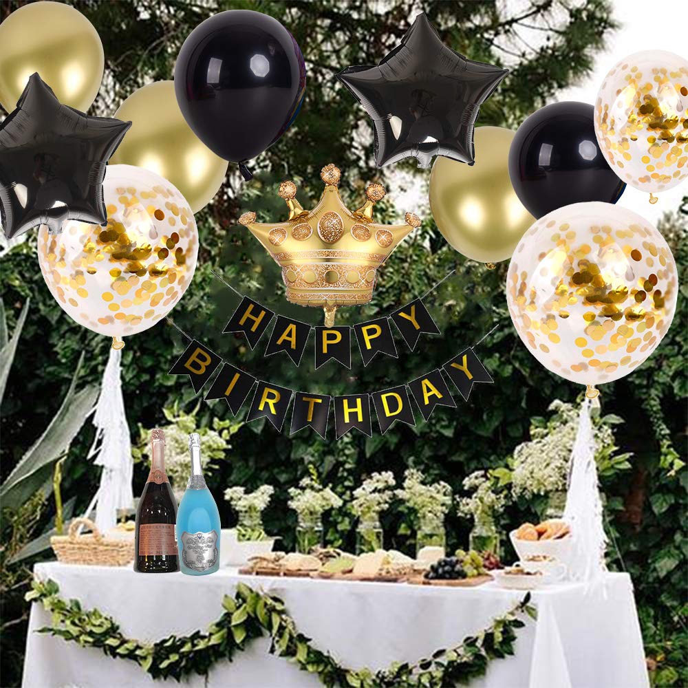 LZVPL Birthday Party Decorations Kit – Gold & Black Banner, Balloons & Crown