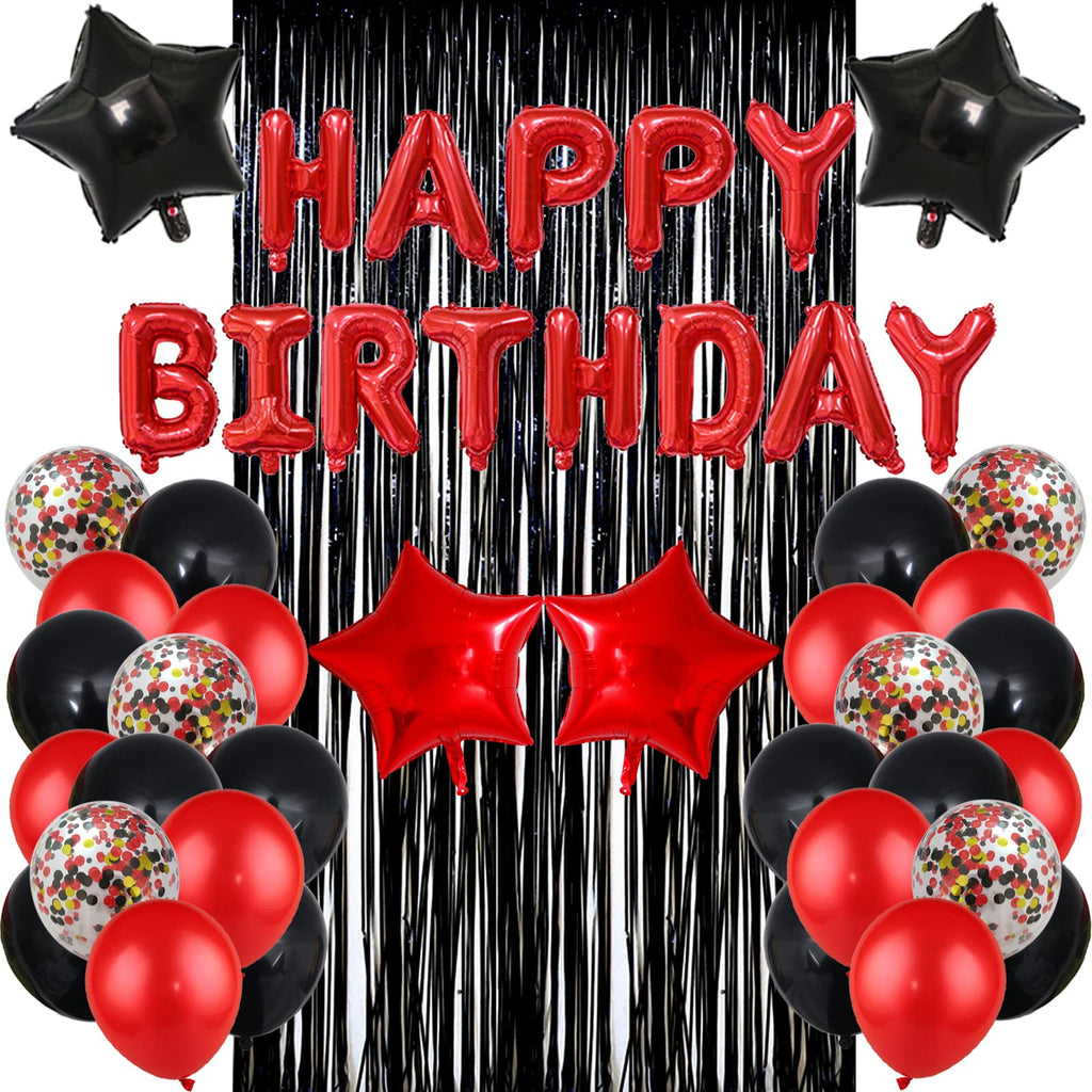 LZVPL Red & Black Birthday Party Decoration Kit – Banner, Fringed Curtain, Balloons & Confetti