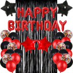 LZVPL Red & Black Birthday Party Decoration Kit – Banner, Fringed Curtain, Balloons & Confetti