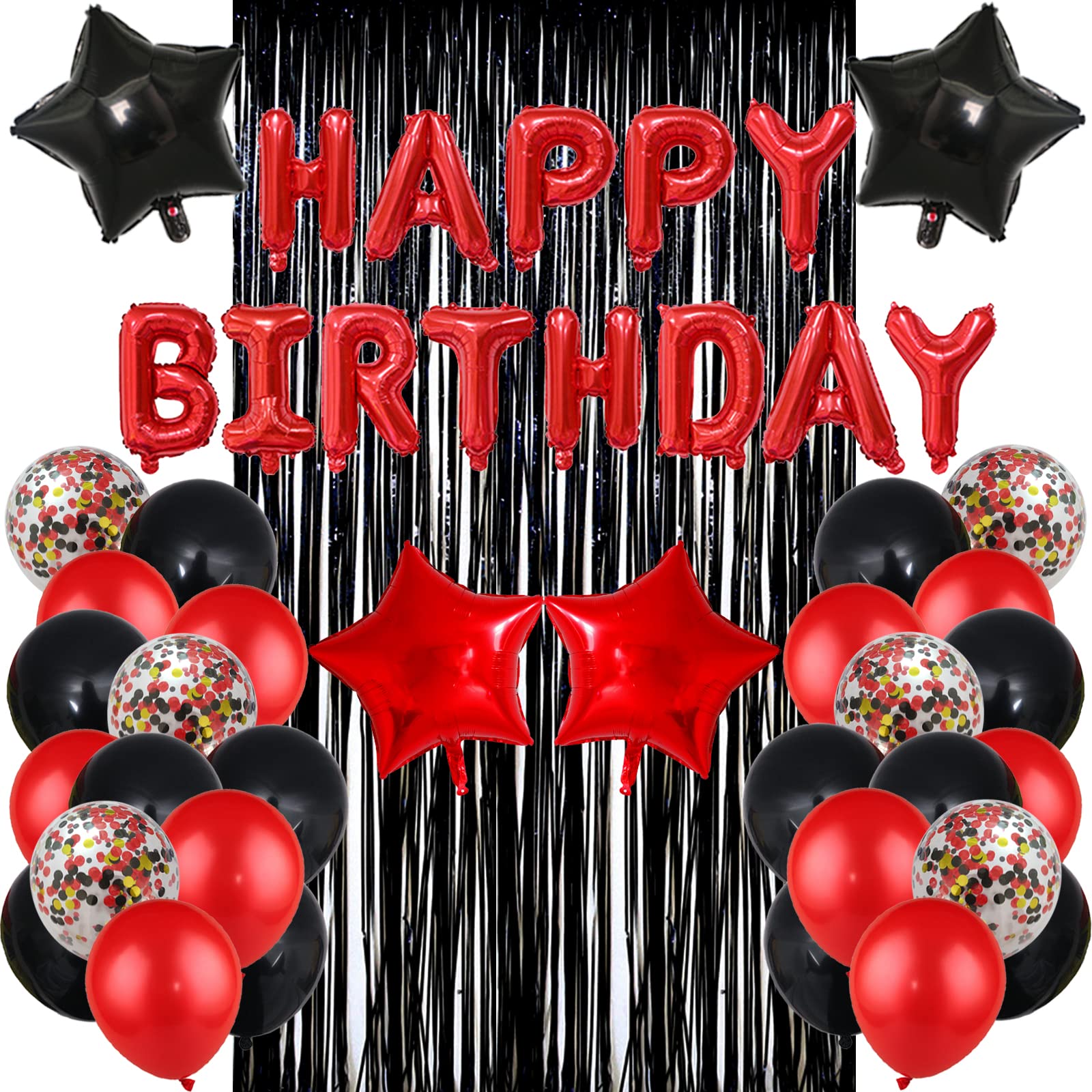 LZVPL Red & Black Birthday Party Decoration Kit – Banner, Fringed Curtain, Balloons & Confetti