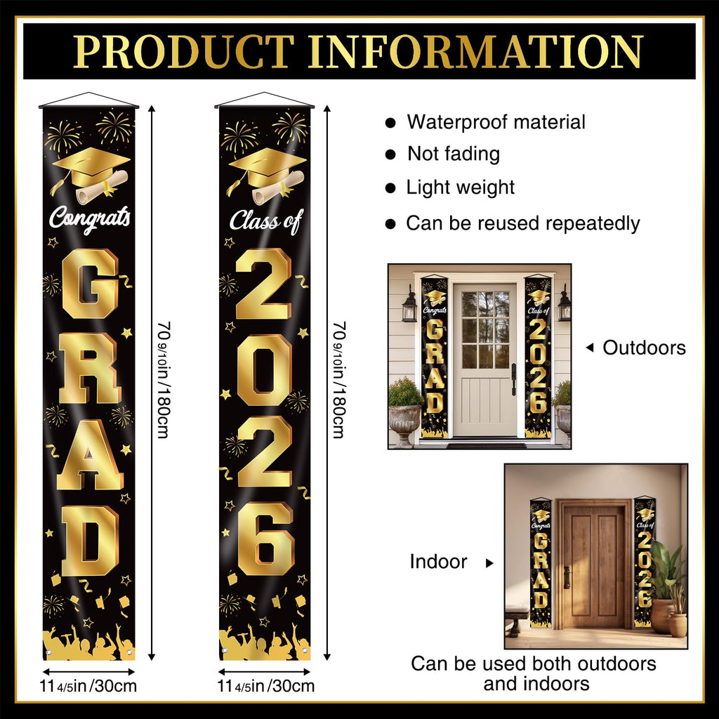 M AMFEOV Graduation Decorations 2026 Porch Banner – Class of 2026, Black & Gold
