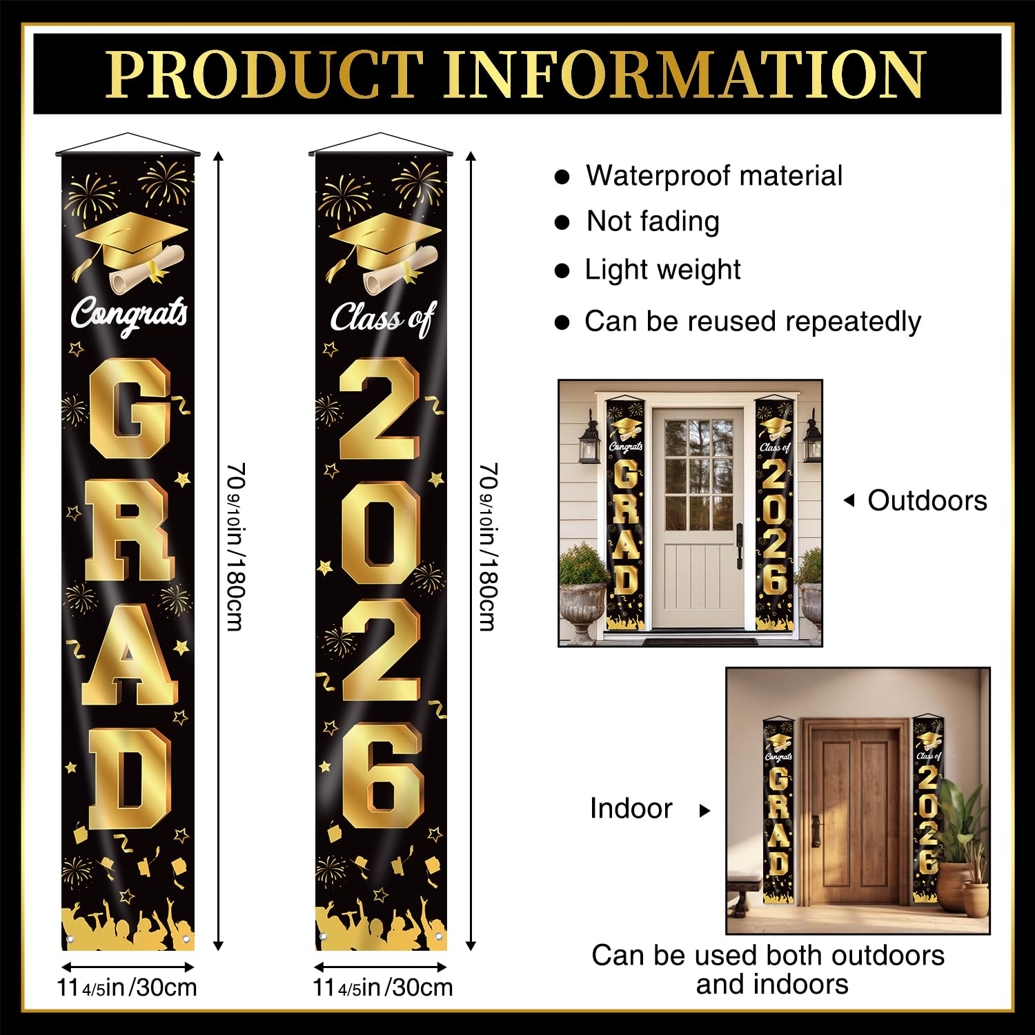 M AMFEOV Graduation Decorations 2026 Porch Banner – Class of 2026, Black & Gold