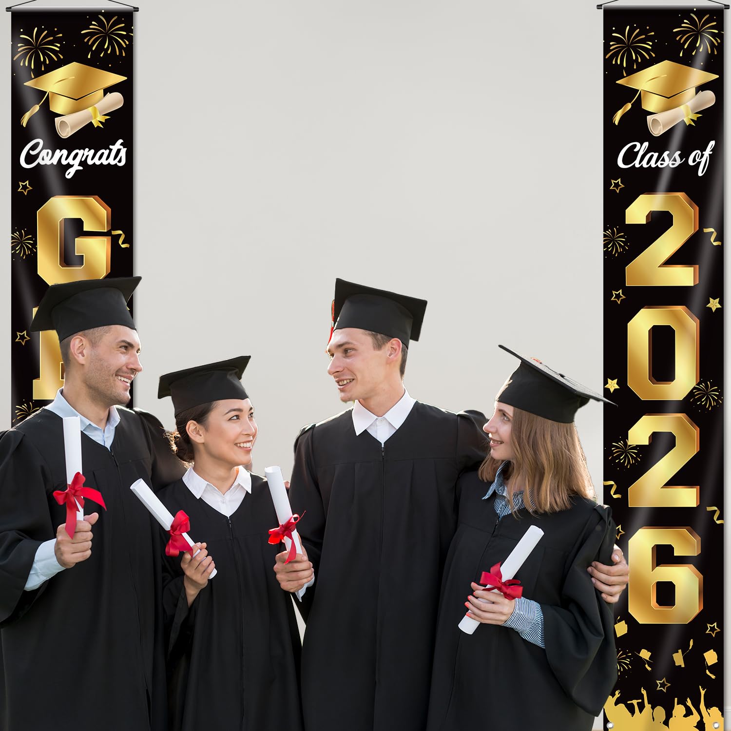 M AMFEOV Graduation Decorations 2026 Porch Banner – Class of 2026, Black & Gold