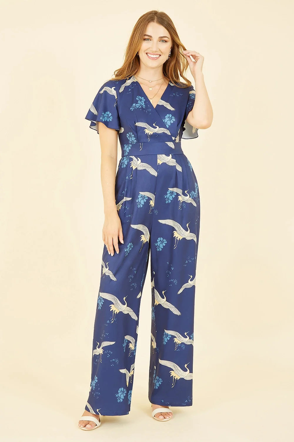 Yumi Black Crane Print Angel Sleeve Jumpsuit