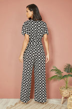 Yumi Black Geometric Print Wrap Jumpsuit
