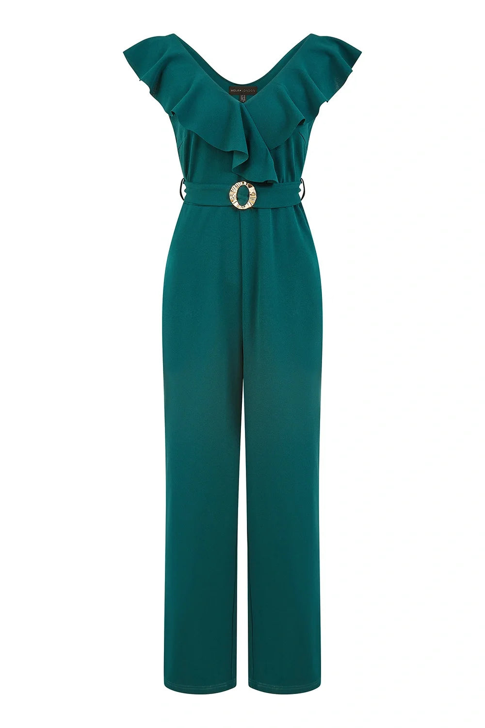 Yumi Green Jumpsuit With Gold Buckle and Frill Detail