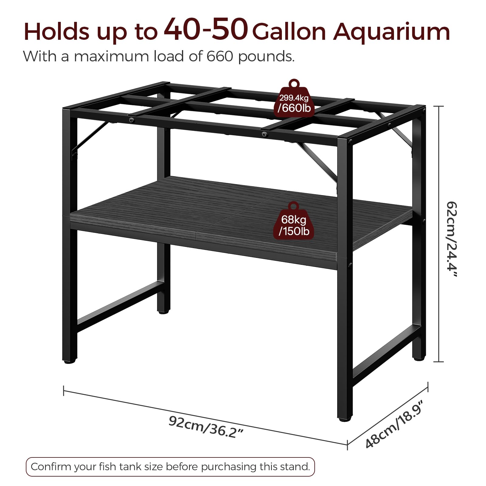 MAHANCRIS 40-50 Gallon Fish Tank Stand – 2-Tier Heavy-Duty Aquarium Rack, 36.2L x 18.9W x 24.4H in Black FTBK4001