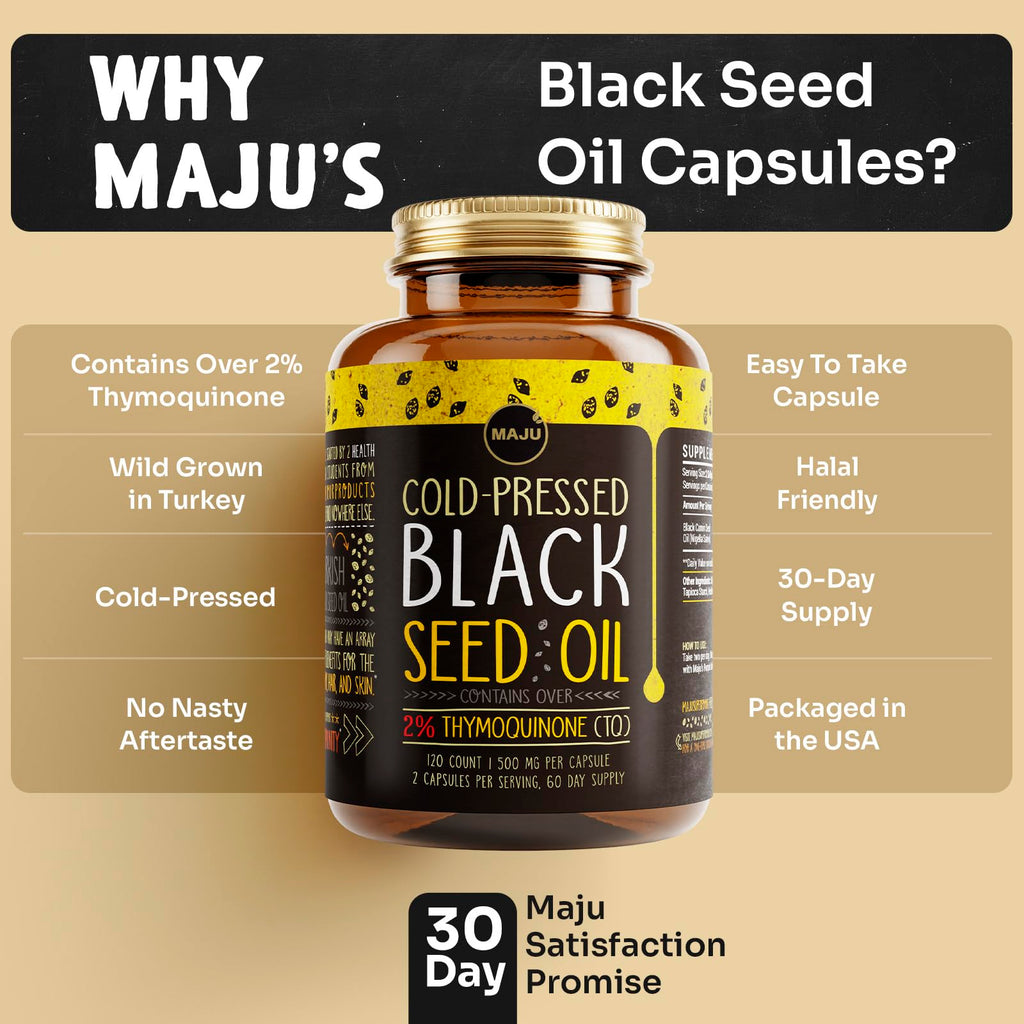 Maju Superfoods Black Seed Oil Capsules – Organic Turkish Nigella Sativa, Cold-Pressed, 2% Thymoquinone, 120 Count (3-Pack)