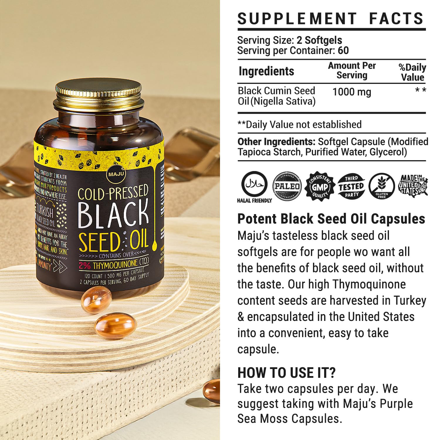 Maju Superfoods Black Seed Oil Capsules – 120 Count, 500mg, Cold-Pressed Nigella Sativa, 2% Thymoquinone, Organic Turkish Black Cumin
