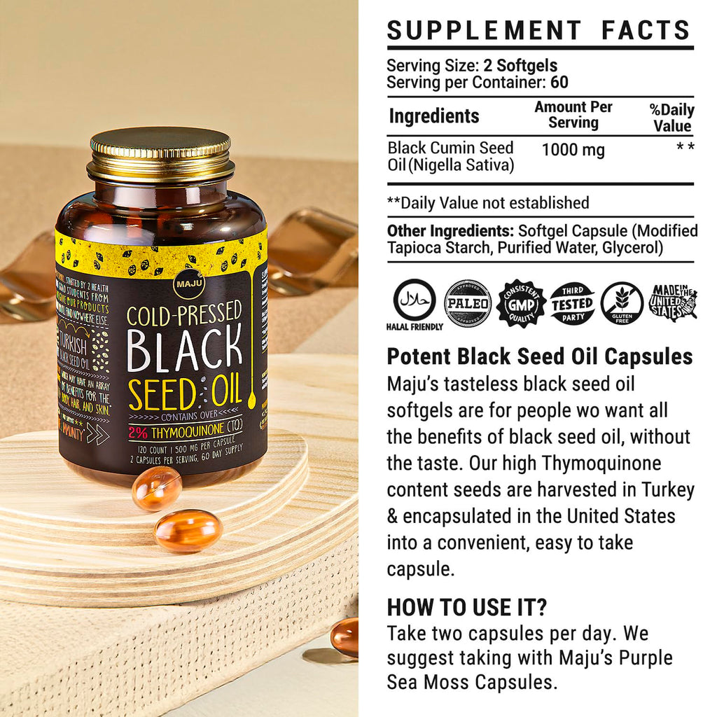 Maju Superfoods Black Seed Oil Capsules – Organic Turkish Nigella Sativa, Cold-Pressed, 2% Thymoquinone, 120 Count (3-Pack)