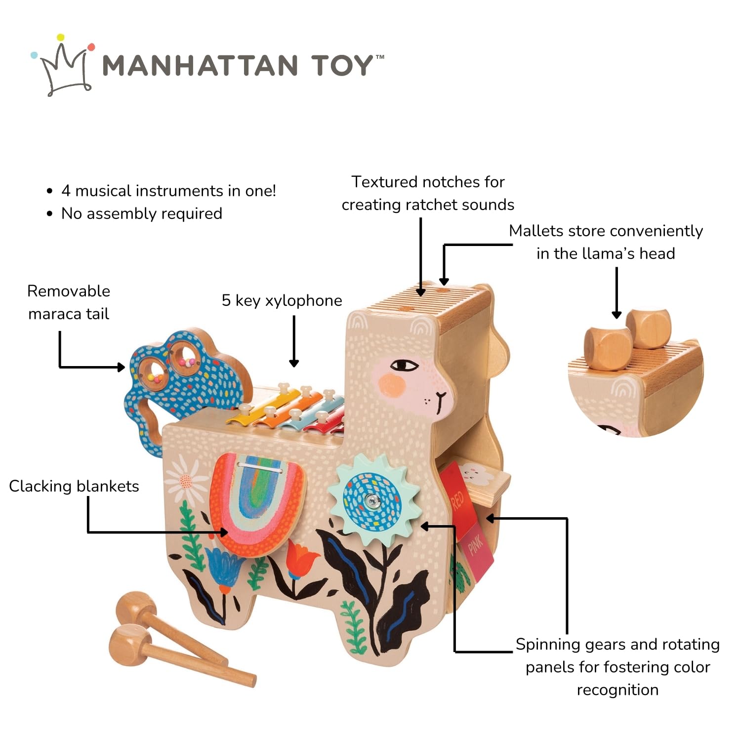Manhattan Toy Musical Lili Llama – Wooden Toddler Instrument with Xylophone, Maraca Tail & More