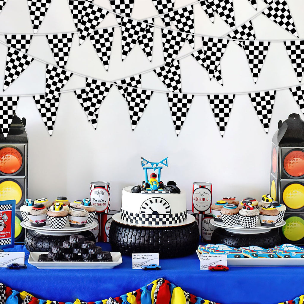 MARFOREVER 164 Ft Black and White Checkered Flag Banner – 80 Racing Flags Pennant Banner (17.7 x 11.8 in) for Indoor/Outdoor Parties
