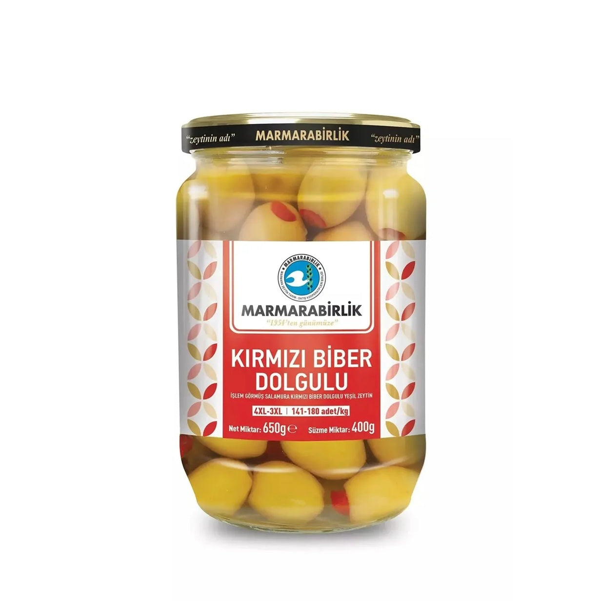 Marmarabirlik Green Olives Red Pepper Stuffed Jar 400g