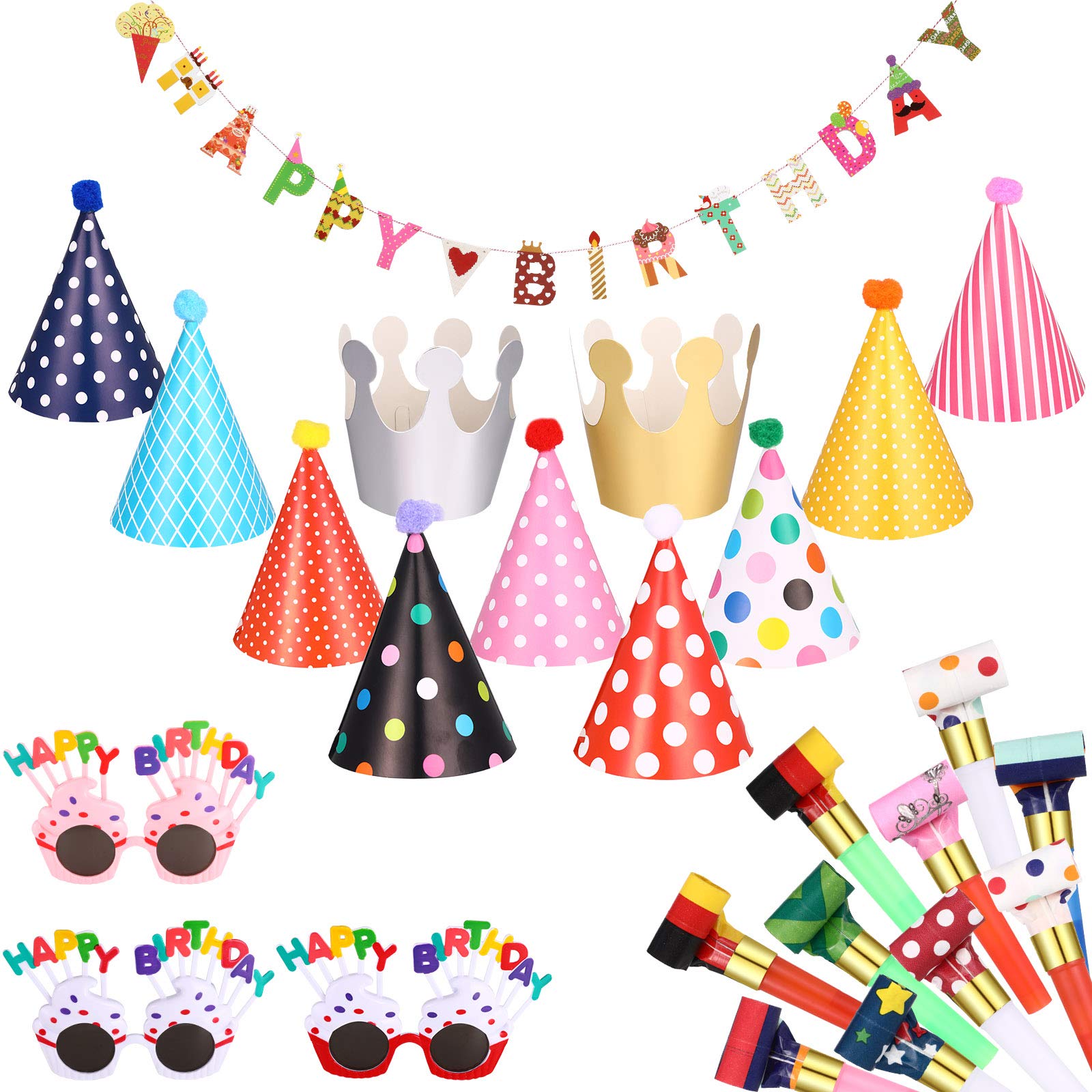 Marspark 25 Pcs Party Set – Banner, Glasses, Whistles & Cone Hats (Festive Classic)