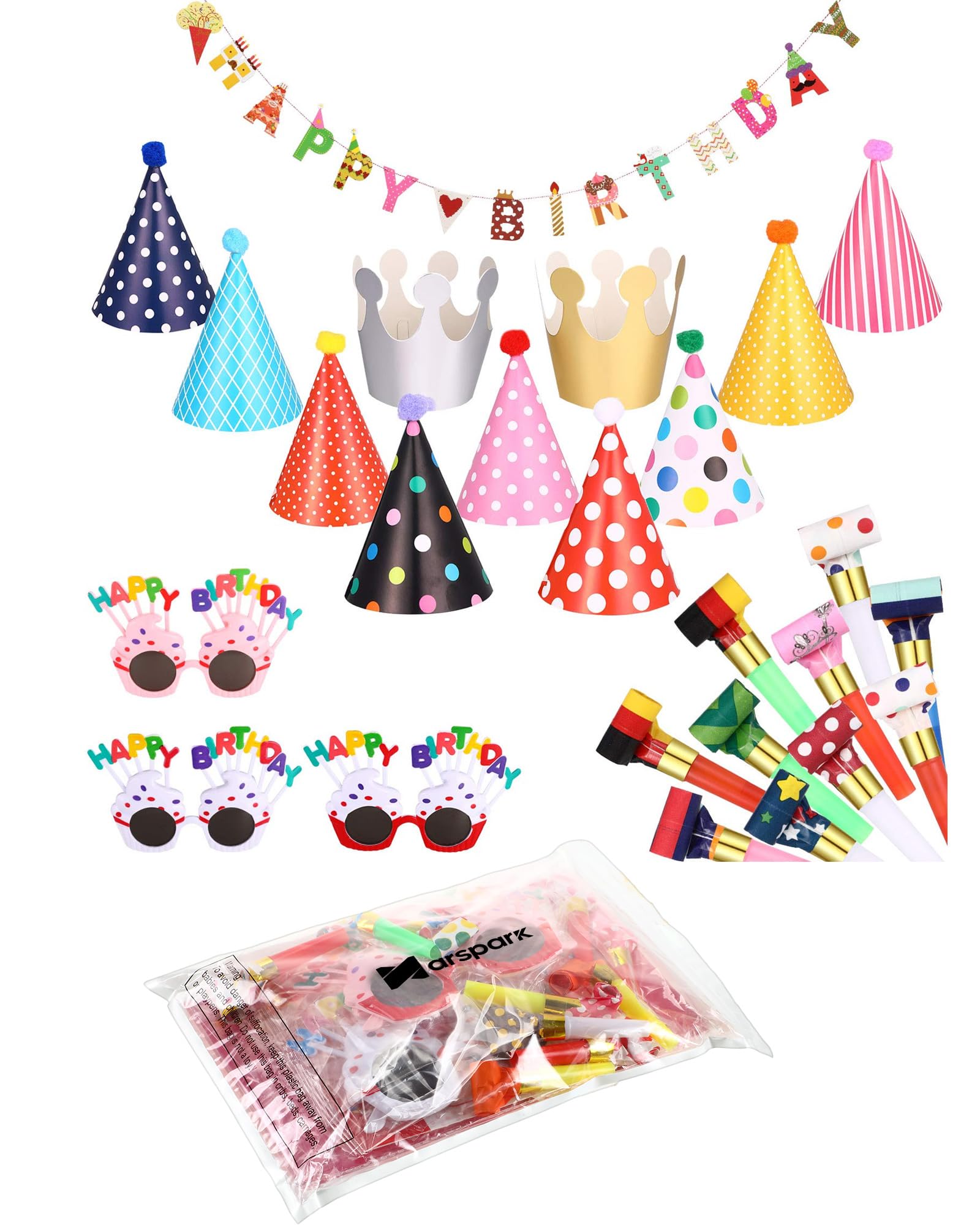 Marspark 25 Pcs Party Set – Banner, Glasses, Whistles & Cone Hats (Festive Classic)