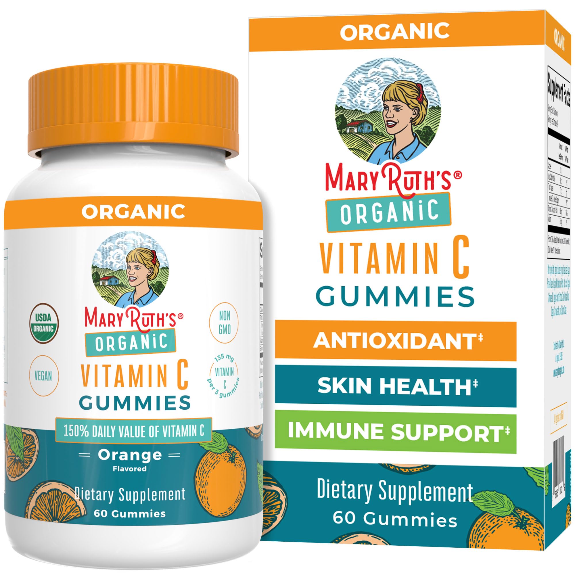 MaryRuth Organics Vitamin C Gummis | USDA Bio - Vegan, Gentechnikfrei - Immunsystem & Wohlbefinden - Orangengeschmack - 60 Stück