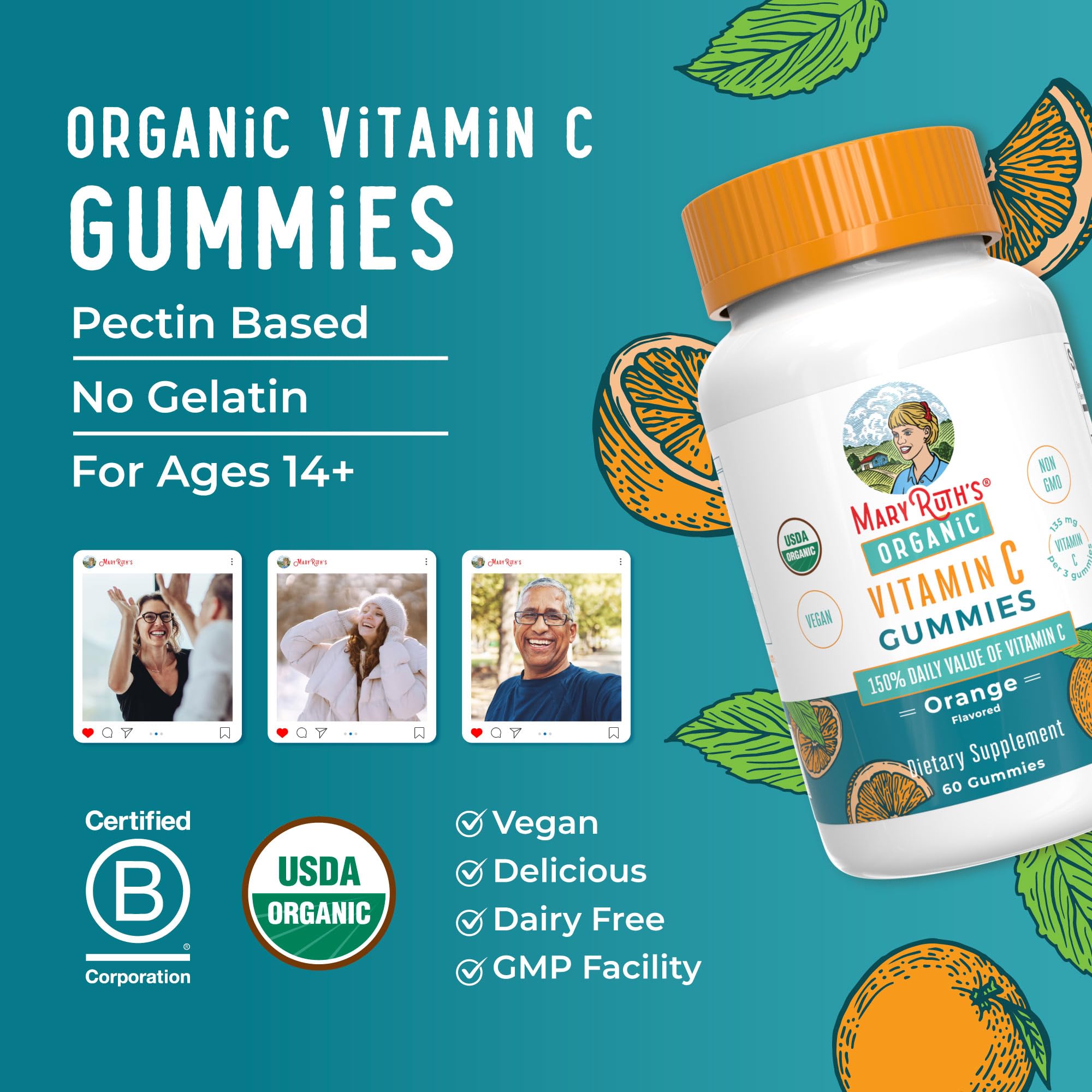 MaryRuth Organics Vitamin C Gummis | USDA Bio - Vegan, Gentechnikfrei - Immunsystem & Wohlbefinden - Orangengeschmack - 60 Stück