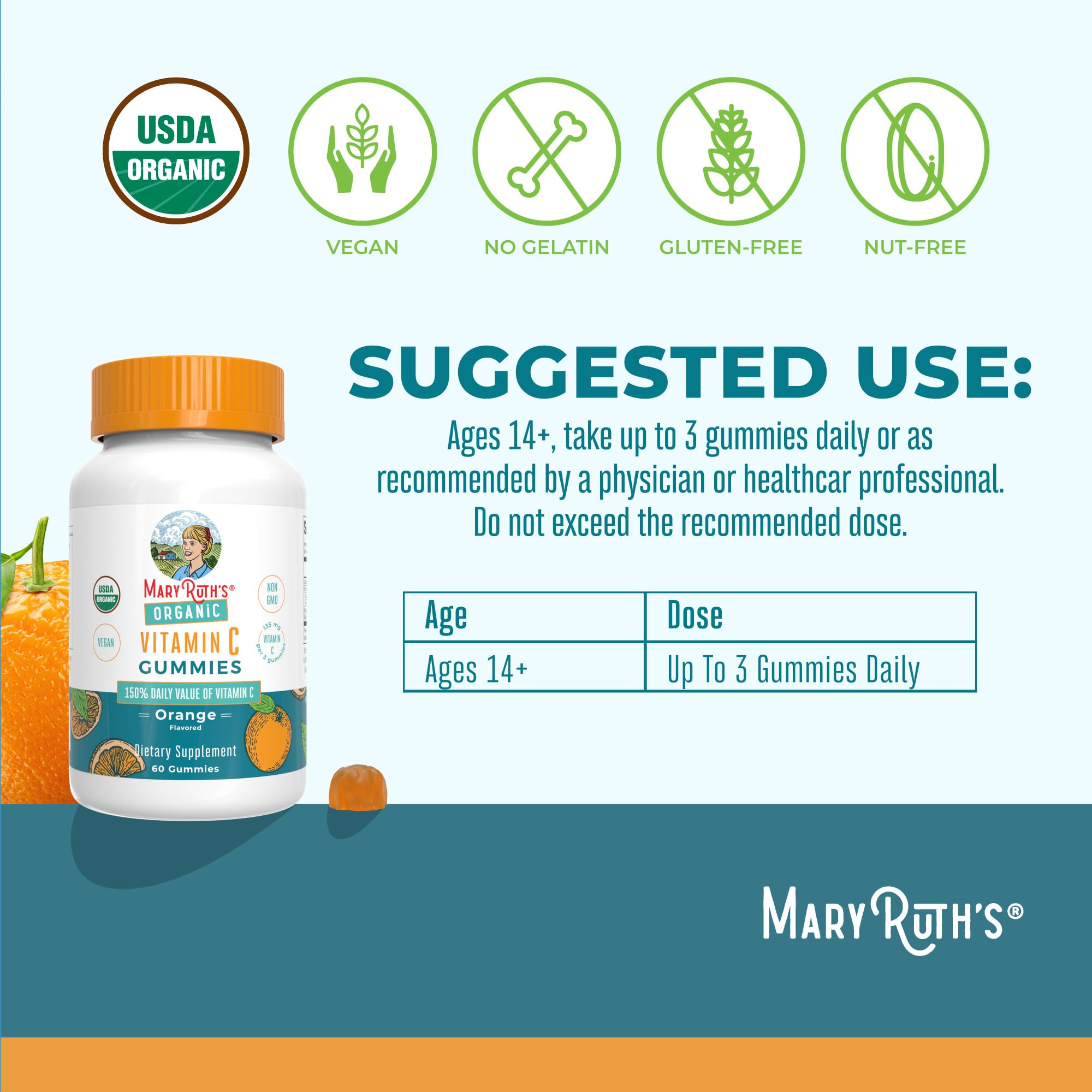 MaryRuth Organics Vitamin C Gummis | USDA Bio - Vegan, Gentechnikfrei - Immunsystem & Wohlbefinden - Orangengeschmack - 60 Stück