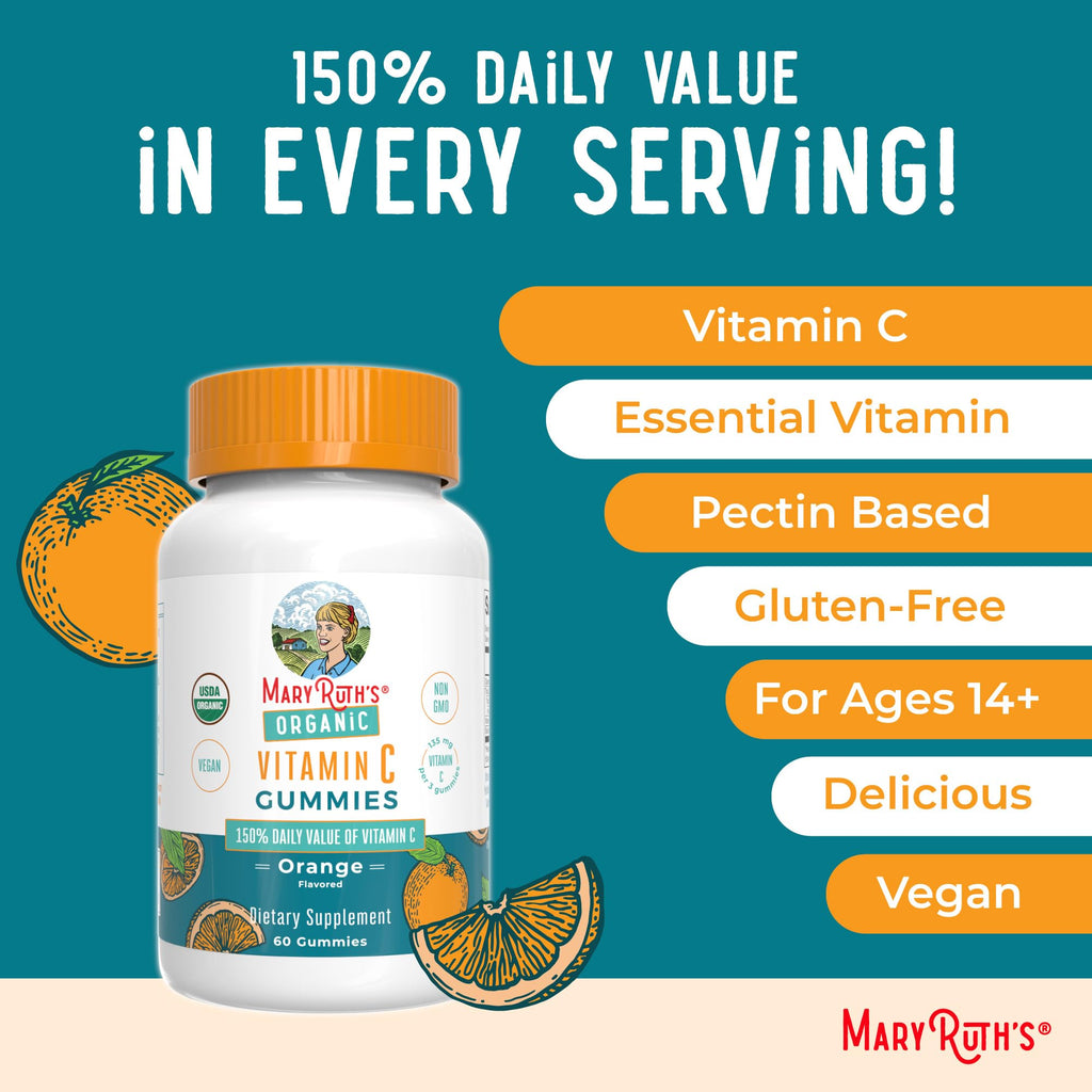 MaryRuth Organics Vitamin C Gummis | USDA Bio - Vegan, Gentechnikfrei - Immunsystem & Wohlbefinden - Orangengeschmack - 60 Stück