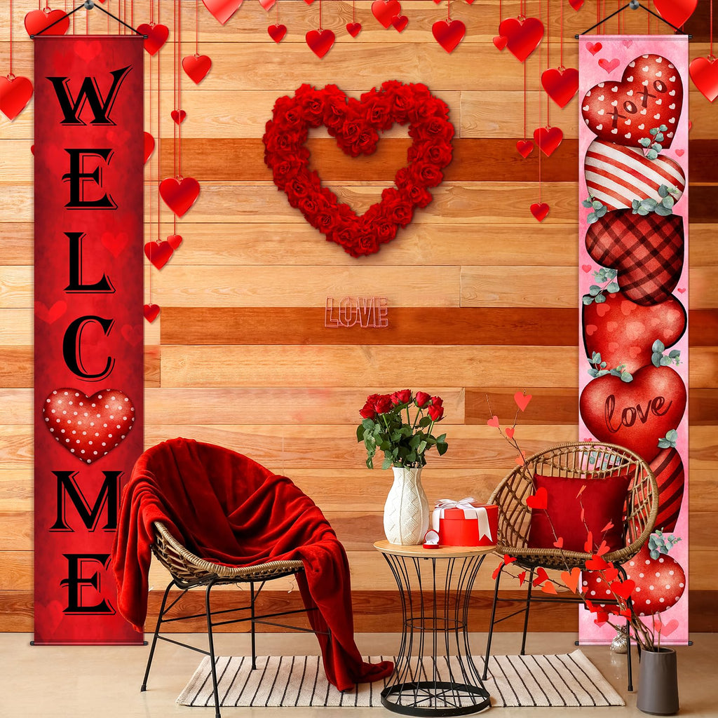 MASHAN Valentines Door Banner Set – 71x12in Welcome & Love Heart (Buffalo Plaid)