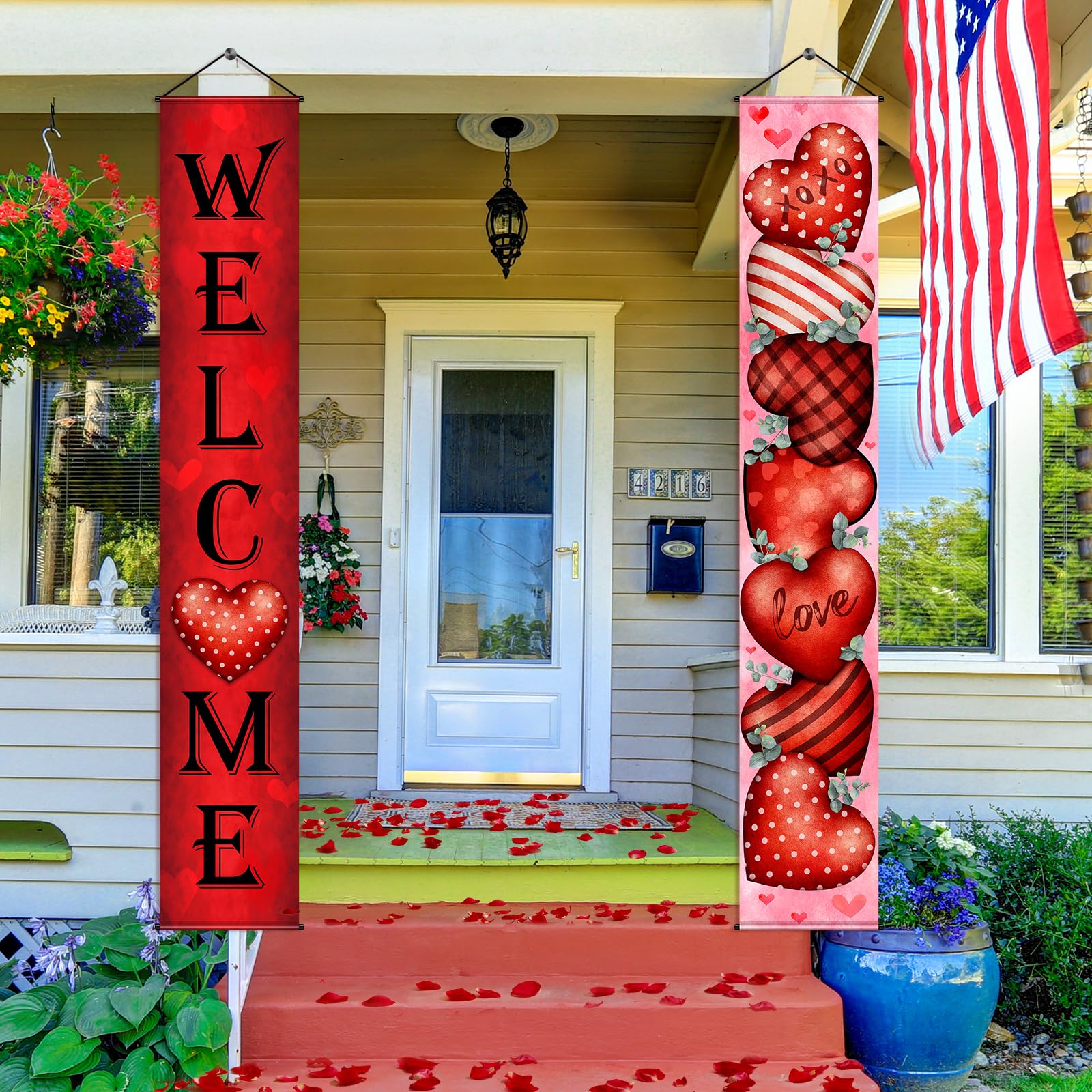 MASHAN Valentines Door Banner Set – 71x12in Welcome & Love Heart (Buffalo Plaid)