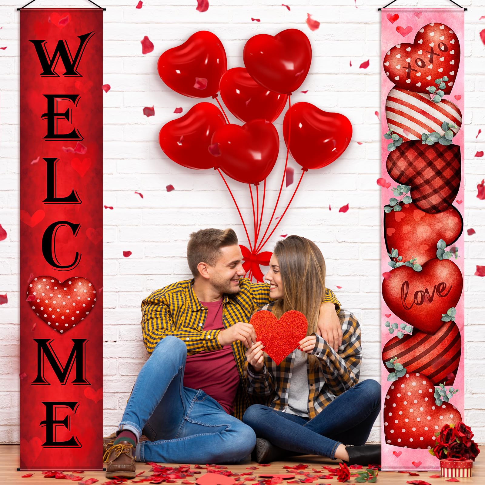 MASHAN Valentines Door Banner Set – 71x12in Welcome & Love Heart (Buffalo Plaid)