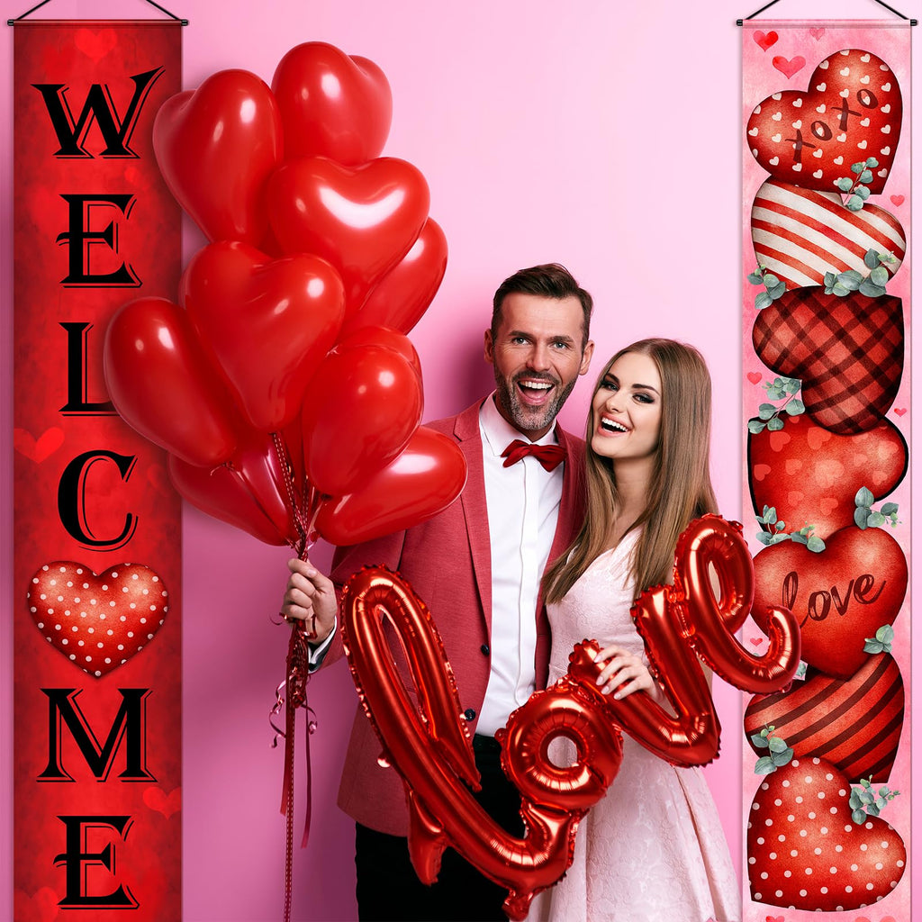 MASHAN Valentines Door Banner Set – 71x12in Welcome & Love Heart (Buffalo Plaid)