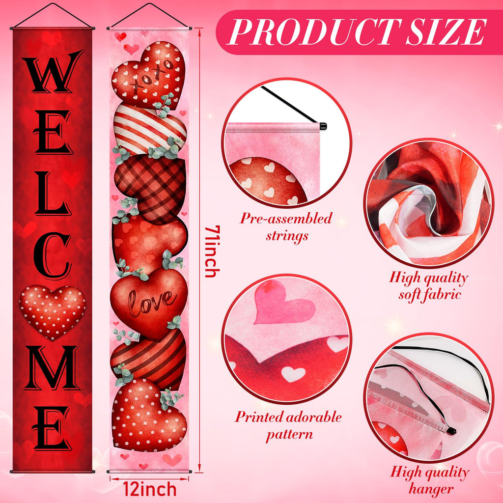 MASHAN Valentines Door Banner Set – 71x12in Welcome & Love Heart (Buffalo Plaid)